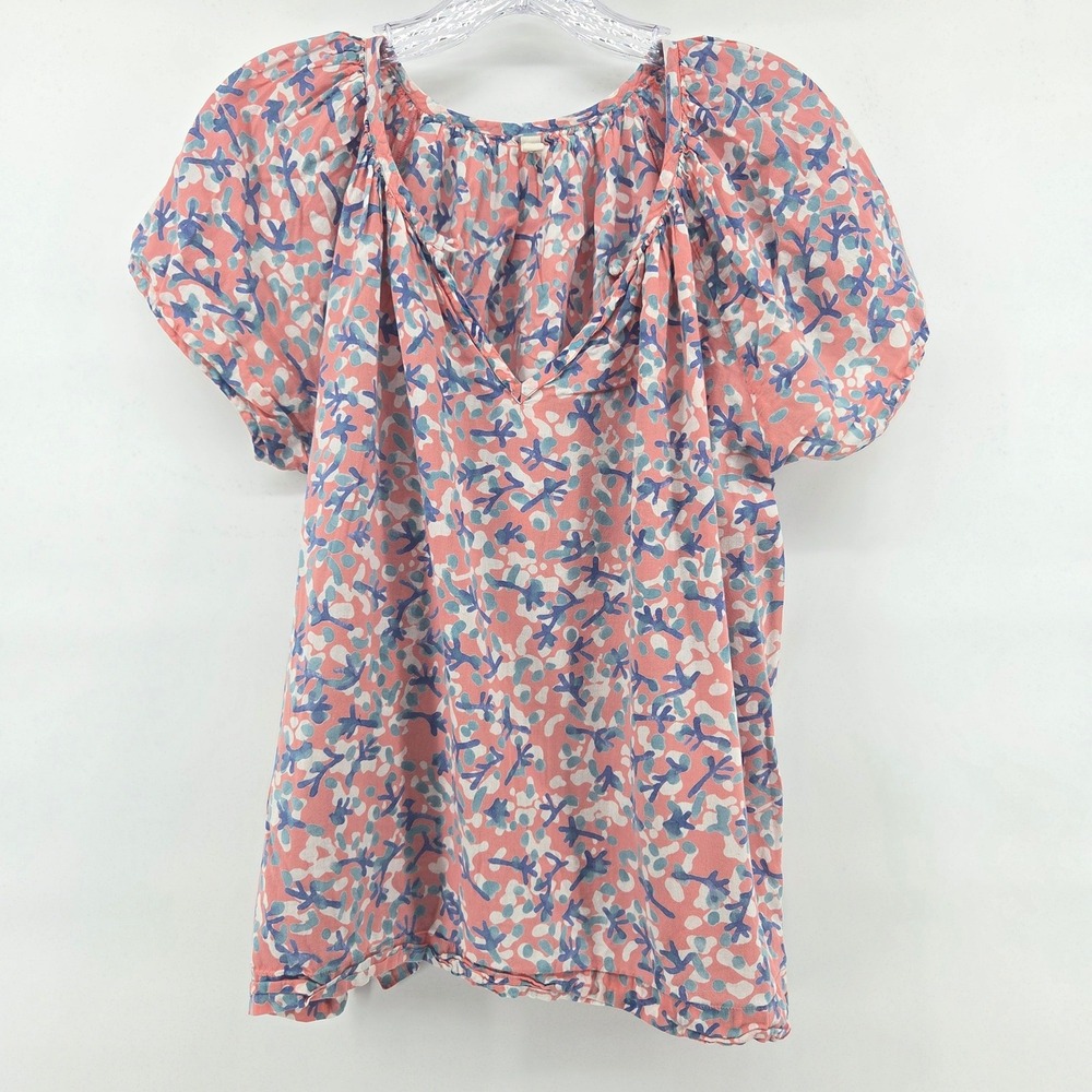 MIRTH Cotton Blouse Pink Blue Abstract Floral Boho Eclectic Coastal Art-Inspired
